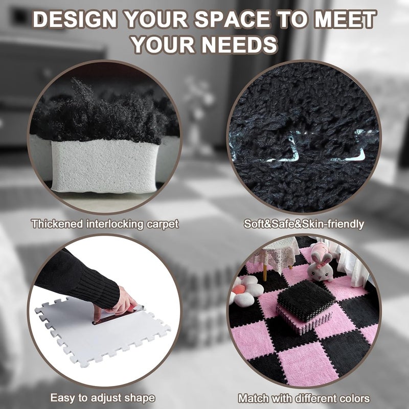 JADERLU 16pcs 0.6" Thickened Interlocking Tile Mats,Fluffy Shaggy Soft EVA Foam Area Rug for Living Room & Bedroom,Non-Slip Protective Floor Carpet Play Mat Kids Baby Dorm Home Decor (11.8ft, Black) - Image 4